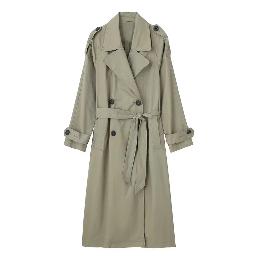 Trench Long Élégant Femme avec Ceinture, Double Boutonnage & Col Classique