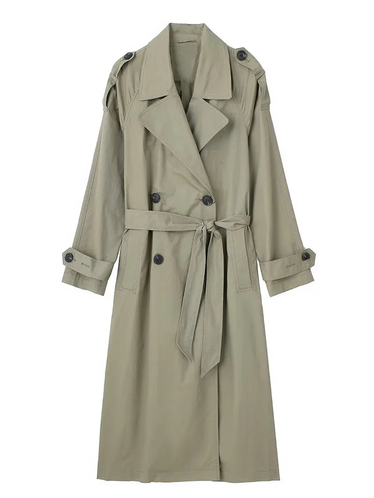 Trench Long Élégant Femme avec Ceinture, Double Boutonnage & Col Classique
