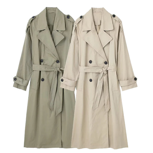 Trench Long Élégant Femme avec Ceinture, Double Boutonnage & Col Classique