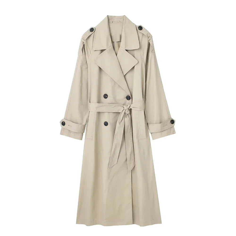 Trench Long Élégant Femme avec Ceinture, Double Boutonnage & Col Classique