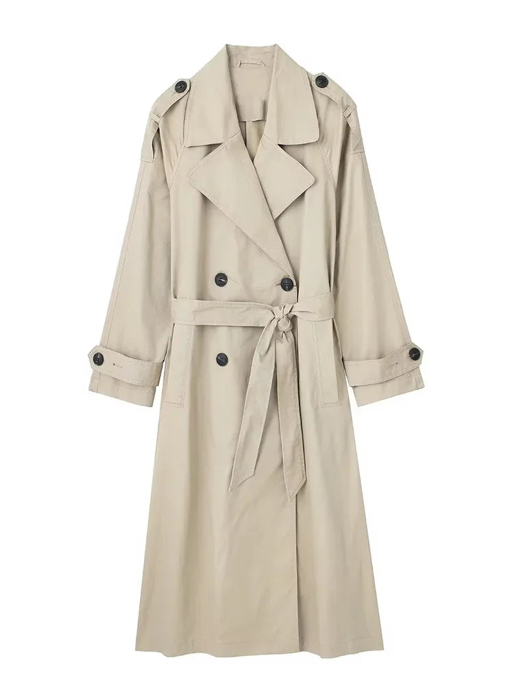 Trench Long Élégant Femme avec Ceinture, Double Boutonnage & Col Classique