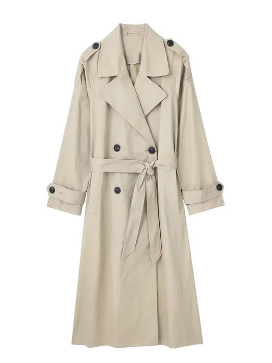 Trench Long Élégant Femme avec Ceinture, Double Boutonnage & Col Classique